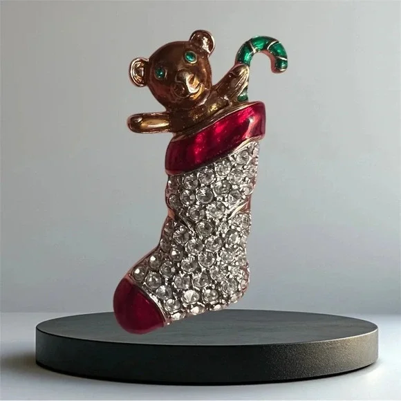 Carolee Vintage Teddy Bear Candy Cane Gloss Red Enamel with Rhinestones Brooch - Picture 1 of 2
